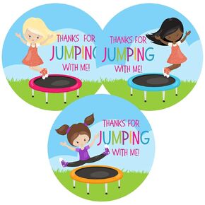 Girl Trampoline Thank You Sticker Labels by Adore By Nat, Jump Bounce Birthday Party Favor Envelope Seal - Set of 30