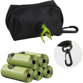 Dog Poop Bag Holder, Doggie Waste Bag Dispenser for Leash, Fits Any Dog Leash, Portable Set Includes Leak Proof and 5 Extra Thick Waste Bag Refill Rolls For Dogs, Black (1 bag+5 Waste Bag)