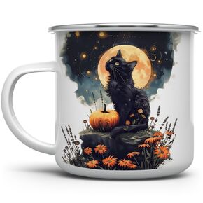 Mystical Black Cat Full Moon Enamel Camp Mug, Fall Halloween Spooky Nature Outdoor Camping Campfire Coffee Cup, Witchy Celestial Autumn Aesthetic Gifts (16oz)
