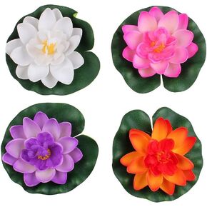 Teensery Pack of 4 Floating Artificial Water Lily Lotus Foam Flower Aquarium Pond Decor Medium