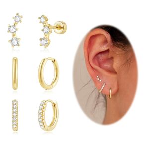 Earring Stacks Gold Hoop Earrings Set, Dainty 14K Gold Small Huggie Hoop Earrings for Women Trendy Hypoallergenic Cartilage Flat Back Stud Earrings Set for Multiple Piercing (Gold, Style-2)