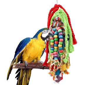 Large Bird Chewing Toys, Parrot Shredding Wooden Block and Cotton Rope Toys, Bird Cage Accessories, Suitable for Small to Large Birds Cockatiel Parakeets Lovebirds Conure Macaw African Grey Amazon