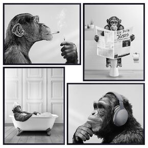 Monkey Wall Art for Bathroom - funny Wall Decor for Men, Teens, College Dorm Room Decor - Chimp Smoking Weed Posters for Men, Women, Man cave, Bedroom - Monkey Music Wall Art - funny Art Bathroom Set