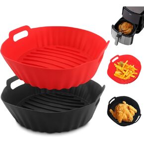 2 Pcs Air Fryer Silicone Pots Non-stick Round Silicone Liners Silicone Baking Tray Pots for 3 to 5 Qt Air Fryer Food Grade and Reusable Air Fryer Basket Liners (Black+Red)