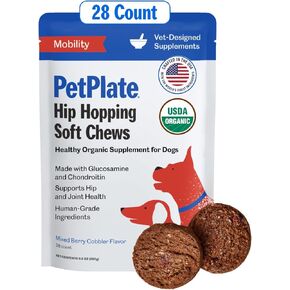 PetPlate الورك والمفاصل مضغ ناعم للكلاب، مكونات عضوية وبشرية، دعم الحركة، مستلزمات الحيوانات الأليفة (عبوة من 1، 9.8 أونصة)