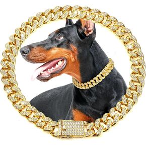 LEIFIDE Dog Chain Collar Gold 20 mm Wide Diamond Collar Large Dog Necklace Metal Pet Crystal Collar Jewelry Accessories for Medium Large Dogs(16 Inch)