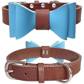 Elegant Genuine Leather Dog Collar with Detachable Blue Bow - Stylish and Comfortable - Perfect for Small to Medium Dogs - Dark Brown
