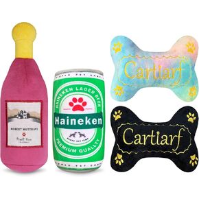 4-Piece Dog Teething Chewing Squeaky Plush Toy Stylish Beer Puppy Bones Set 5 Style Combinations, Composed of Natural Cotton Polyester