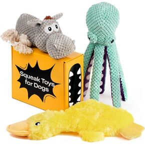 PetSpy Dog Gifts Squeaky Stuffed Dog Toy Pack - 3 Dog Chew Toys for Large, Medium, Small Dogs and Puppies- Rope Donkey, Plush Octopus, Crinkle Duck Toy - Pet Supplies Toys for Dogs to Keep Them Busy