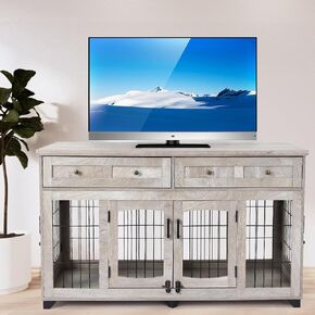 Dog Crate Furniture with Drawers,58in Wooden Dog Kennel Tv Stand,Furniture Style Dog Crate End Table with Storage,2 Room Dog Crate for Large Breeds Gray