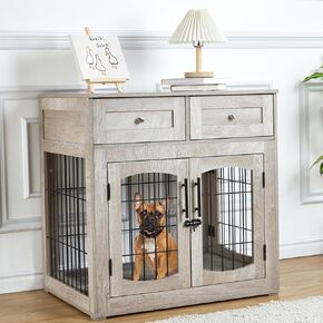 Dog Crate Furniture with Storage Drawers,39.4" Wooden Dog Crate Table with 2 Drawers,Indoor Dog Kennel with Cushion,Dog House,Dog Cage,Side End Table Crate,Rustic brown