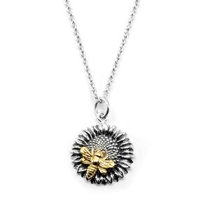 Sterling Silver Sunflower Charm with Bronze Bee Necklace, 18"