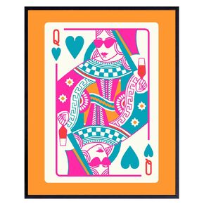 Queen of Hearts Preppy Room Decor - Queen O Hearts Cute Trendy Aesthetic Wall Decor for Women - Funky Blue Pink Orange Bar Decor - 70’s Retro Chic Home Decor - Maximalist Bedroom Living room Wall Art