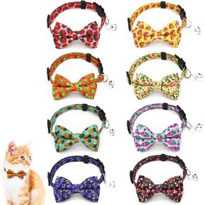 8 Pack Polyester Cat Collars with Bowie Bow, Breakaway Kitten Collars with Removable Bell, Adjustable Cat Collars for Girls Boys Cats, Cartoon Pattern (9-12 inches)
