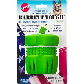 SPOT Barrett Tough Tennis Jumble Dog Toy for Large Dogs - Durable Rubber Barrel & Ball Combo, Virtually Indestructible Puzzle Toy with Textured Surface for Dental Health, 4 in Barrel & 2.5 in Ball