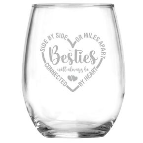 Besties Long Distance Gift - Side by Side or Miles Apart Besties are Connected by Heart - 15 oz stemless glass -birthday gift for best friend - Roommate - Gifts for Her - BFF - Going Away Gift