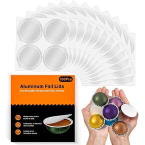 Aluminum Foil Lids for Nespresso Vertuo Reusable Pods, 100 PCS Foil Seal Cover for Refill Espresso Coffee Capsule, Compatible with Nespresso Refillable Capsule