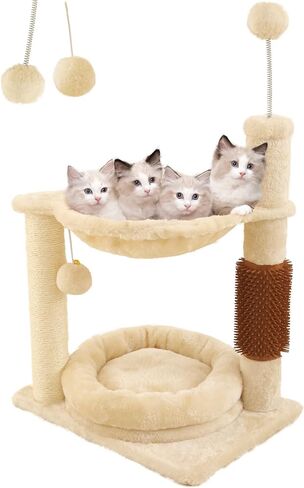 شجرة قطط مع لعبة برج قطط للقطط الداخلية مسكن قطة مع أداة تهذيب ذاتية عمود خدش للقطط مع سرير متعدد المستويات برج شجرة قطط أراجيح متدلية كرة مع مجثم قطيفة مبطن للقطط الصغيرة بيج in Kuwait