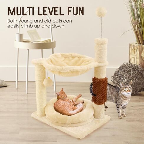 شجرة قطط مع لعبة برج قطط للقطط الداخلية مسكن قطة مع أداة تهذيب ذاتية عمود خدش للقطط مع سرير متعدد المستويات برج شجرة قطط أراجيح متدلية كرة مع مجثم قطيفة مبطن للقطط الصغيرة بيج in Kuwait