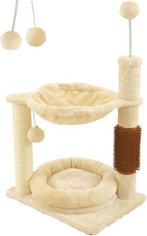 شجرة قطط مع لعبة برج قطط للقطط الداخلية مسكن قطة مع أداة تهذيب ذاتية عمود خدش للقطط مع سرير متعدد المستويات برج شجرة قطط أراجيح متدلية كرة مع مجثم قطيفة مبطن للقطط الصغيرة بيج in Kuwait