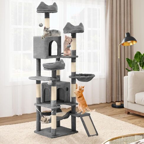 DWVO Tall Cat Tree for Indoor Cats, 75 inches Multi-Level Cat Tower with Sisal Scratching Posts & Ramp, Plush Perches, Hammock, Spacious Condos, Cat Activity Center for Kittens,Grey in Saudi Arabia