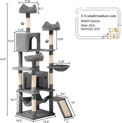 DWVO Tall Cat Tree for Indoor Cats, 75 inches Multi-Level Cat Tower with Sisal Scratching Posts & Ramp, Plush Perches, Hammock, Spacious Condos, Cat Activity Center for Kittens,Grey in Saudi Arabia