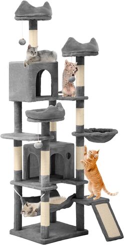 DWVO Tall Cat Tree for Indoor Cats, 75 inches Multi-Level Cat Tower with Sisal Scratching Posts & Ramp, Plush Perches, Hammock, Spacious Condos, Cat Activity Center for Kittens,Grey in Saudi Arabia