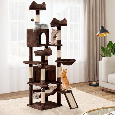 DWVO Tall Cat Tree for Indoor Cats, 75 inches Multi-Level Cat Tower with Sisal Scratching Posts & Ramp, Plush Perches, Hammock, Spacious Condos, Cat Activity Center for Kittens,Grey in Saudi Arabia