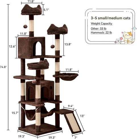 DWVO Tall Cat Tree for Indoor Cats, 75 inches Multi-Level Cat Tower with Sisal Scratching Posts & Ramp, Plush Perches, Hammock, Spacious Condos, Cat Activity Center for Kittens,Grey in Saudi Arabia