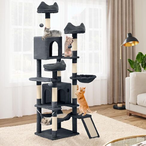 DWVO Tall Cat Tree for Indoor Cats, 75 inches Multi-Level Cat Tower with Sisal Scratching Posts & Ramp, Plush Perches, Hammock, Spacious Condos, Cat Activity Center for Kittens,Grey in Saudi Arabia