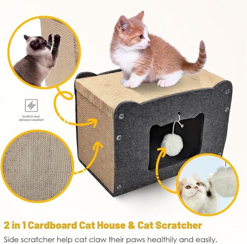 بيت القطط من الورق المقوى | صالة خدش القطط، بيت خدش القطط من الورق المقوى المموج مع 3 قطع من وسادات الخدش، عمود خدش للقطط مع فتحة للقطط الداخلية (15.5 بوصة طول × 9.6 بوصة عرض × 10.6 بوصة ارتفاع) in Kuwait