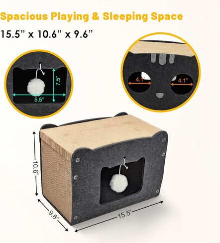 بيت القطط من الورق المقوى | صالة خدش القطط، بيت خدش القطط من الورق المقوى المموج مع 3 قطع من وسادات الخدش، عمود خدش للقطط مع فتحة للقطط الداخلية (15.5 بوصة طول × 9.6 بوصة عرض × 10.6 بوصة ارتفاع) in Kuwait