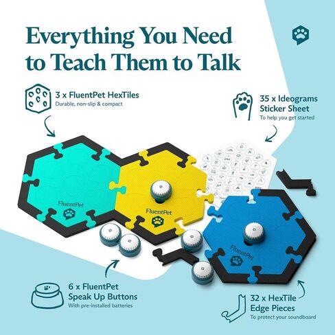 FluentPet Speak Up Get Started Kit with Clearer Upward-Facing Sound - 6 Recordable Buttons w/Pre-Installed Batteries, 3 HexTile Button Mats, & 32 Edge Pieces | Training Dog & Cat Communication Buttons in Saudi Arabia