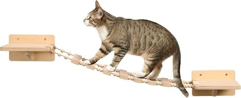 Navaris Wall Mounted Cat Bridge - Rope Bridge Walkway with 2 Large Connector Cat Shelves - Cat Accessories for Indoor Cats - Pine Wall Furniture Cat Shelf Steps in Saudi Arabia