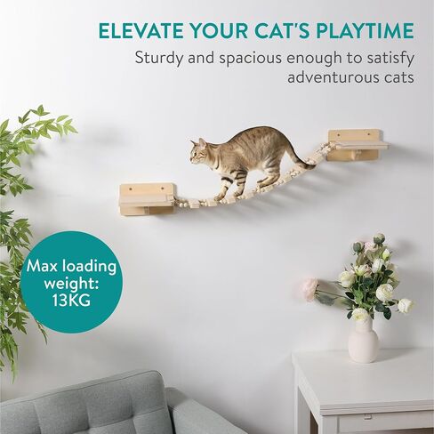 Navaris Wall Mounted Cat Bridge - Rope Bridge Walkway with 2 Large Connector Cat Shelves - Cat Accessories for Indoor Cats - Pine Wall Furniture Cat Shelf Steps in Saudi Arabia