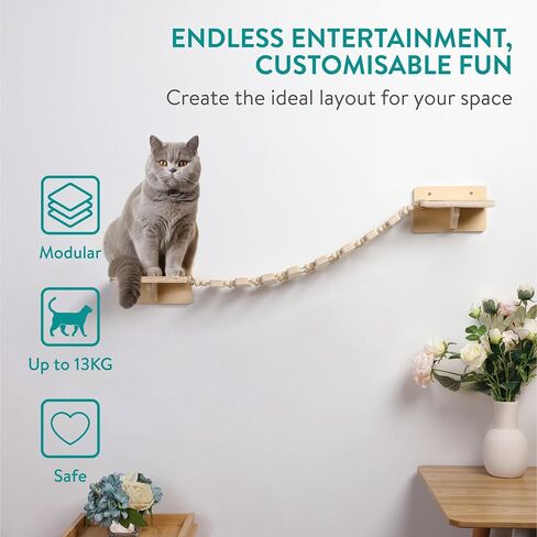 Navaris Wall Mounted Cat Bridge - Rope Bridge Walkway with 2 Large Connector Cat Shelves - Cat Accessories for Indoor Cats - Pine Wall Furniture Cat Shelf Steps in Saudi Arabia