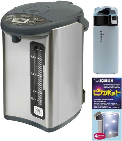غلاية مياه وسخان مياه Zojirushi CD-WHC40 Micom (135 أونصة، رمادي مقاوم للصدأ) حزمة مع منظف الحاوية الداخلية للأواني الكهربائية CD-K03EJU (4 عبوات) وحزمة أكواب من الفولاذ المقاوم للصدأ (3 قطع) in Kuwait