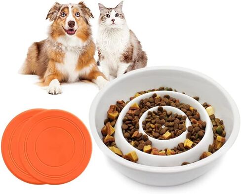 GH Ceramic Slow Feeder Dog Bowl, 3 Cups, 2 Pet Flying Discs Included - Black in Saudi Arabia