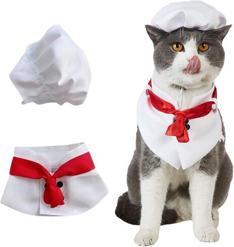 Pet Chef Hat - Adjustable Pet Cooking Chef Cap for Cats Dogs Chef Cloak Shirt Costume Set Pet Halloween Costume Outfit Prop Funny Chef Style Pet Headwear Pet Clothes Apparel Accessories (Small,White) in Saudi Arabia