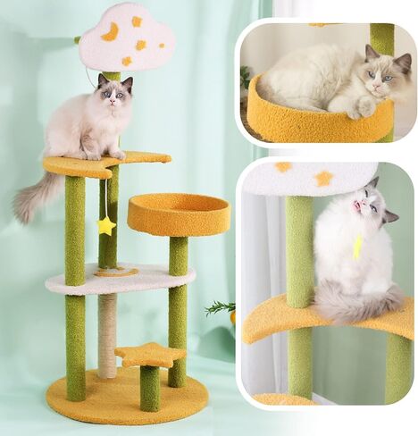 برج شجرة القطط تحت عنوان Furit للقطط الداخلية، 41.7 بوصة شجرة نشاط القطط اللطيفة الفريدة من نوعها مع أعمدة خدش السيزال، شقة أثاث شجرة الكرز متعددة المستويات، أخضر in Kuwait
