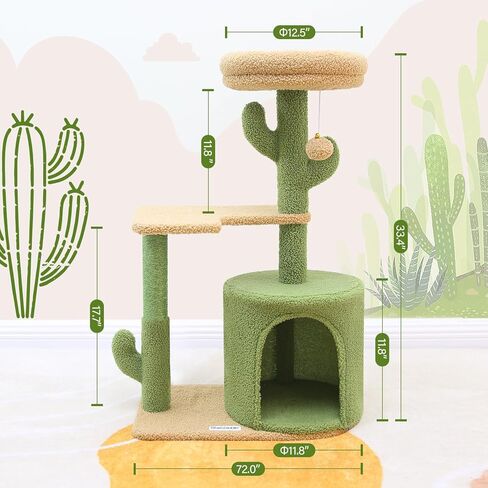 F33 برج قط صغير، 33 بوصة شجرة قطة لطيفة شجرة صبار صغيرة للقطط الداخلية برج قطط مع عمود خدش، جثم علوي مبطن، شقة مريحة، منصة قطيفة كبيرة وكرة معلقة in Kuwait