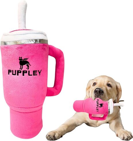 LapDog New Puppley Cup Tumbler Plush Squeaker Dog Toy, Tumbler with Handle & Straw Dog Toy, Large Replica of Stainless Steel 40 oz Tumbler, Cute, Funny, Crinkle, Trendy, Parody, Dog Gift, Pink (Pink) in Saudi Arabia