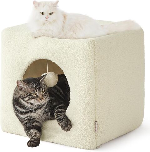 Lesure Cat Bed for Indoor Cats - Large Cat House for Kitten and Small Pet, Enclosed Cat Cave with Removable Washable Cover, Houndstooth Cat Hideaway with Non-Slip Bottom, 16" x 16" x 16", Black in Saudi Arabia