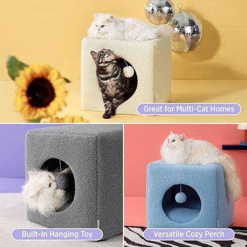 Lesure Cat Bed for Indoor Cats - Large Cat House for Kitten and Small Pet, Enclosed Cat Cave with Removable Washable Cover, Houndstooth Cat Hideaway with Non-Slip Bottom, 16" x 16" x 16", Black in Saudi Arabia
