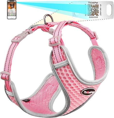 ThinkPet Reflective Breathable Soft Air Mesh with QR Code Dog Tag Puppy Choke Free Over Head Vest Harness for Puppy Small Medium Dogs and Cats Small Pink in Saudi Arabia