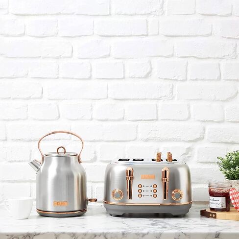 Haden Heritage 4 Slice Wide Slot Toaster Bundled with 1.7 Liter Stainless Steel Retro Electric Kettle, Removable Crumb Tray, Steel/Copper in Kuwait