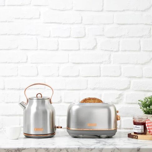 Haden Heritage 4 Slice Wide Slot Toaster Bundled with 1.7 Liter Stainless Steel Retro Electric Kettle, Removable Crumb Tray, Steel/Copper in Kuwait