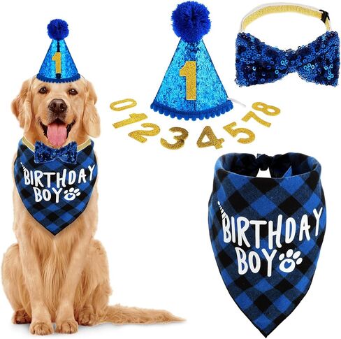 Dog Birthday Party Supplies, Birthday Boy Dog Bandana Set Birthday Hat with Numbers Dog Bow Tie for Small Medium Large Dogs Pets (XL Bandana) in Saudi Arabia