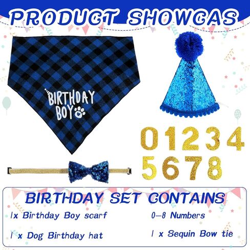 Dog Birthday Party Supplies, Birthday Boy Dog Bandana Set Birthday Hat with Numbers Dog Bow Tie for Small Medium Large Dogs Pets (XL Bandana) in Saudi Arabia