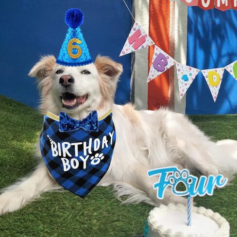 Dog Birthday Party Supplies, Birthday Boy Dog Bandana Set Birthday Hat with Numbers Dog Bow Tie for Small Medium Large Dogs Pets (XL Bandana) in Saudi Arabia